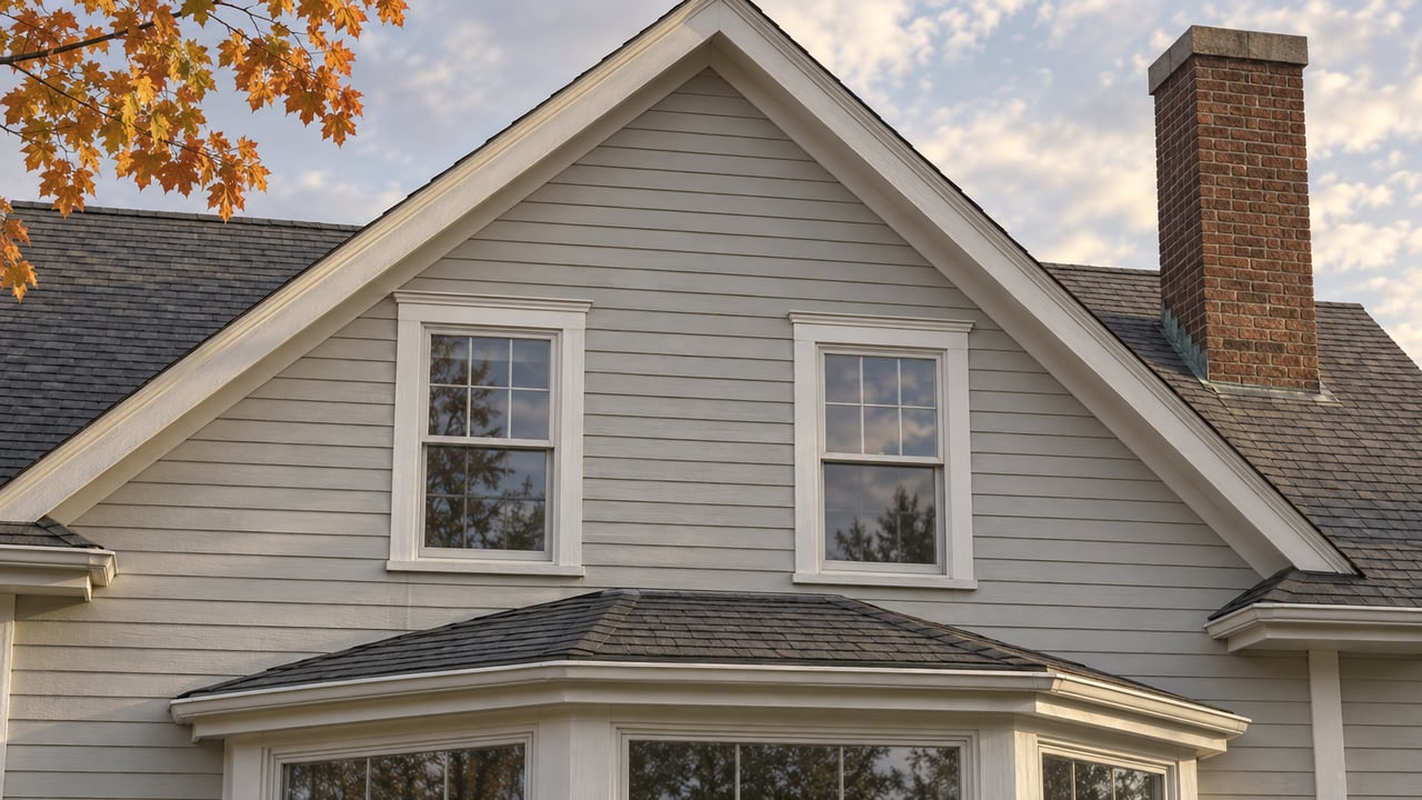 Pale clapboard gable with two white-trimmed windows, a gray shingled roof and a red-brick chimney beside autumn maple leaves.
