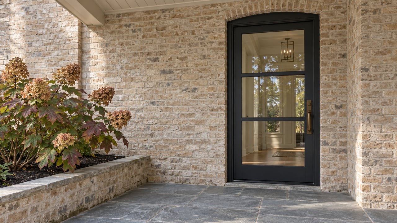 Brick home entrance with a black-framed glass door, stone patio, and autumn foliage in a raised planter.