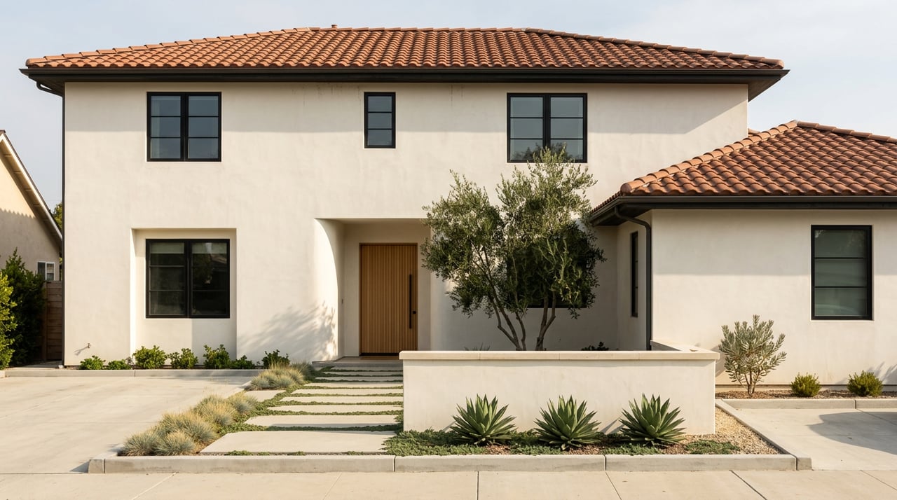 Two-story stucco home with a terracotta tile roof, oak slat entry door, and sculptural olive tree.