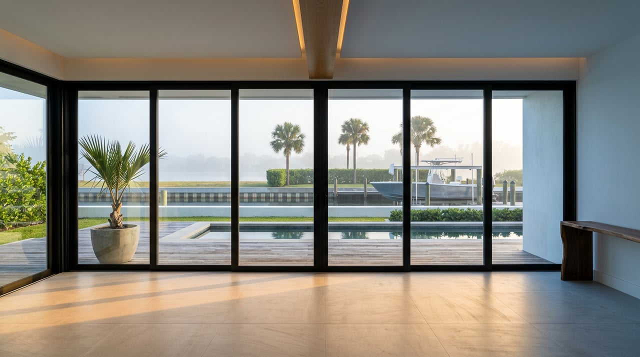 Waterfront room overlooks pool, dock, and aluminum boat on a lift through black-framed glass.