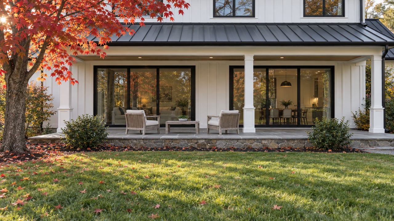 White board-and-batten house with a covered bluestone patio, teak chairs, and a red-orange maple.