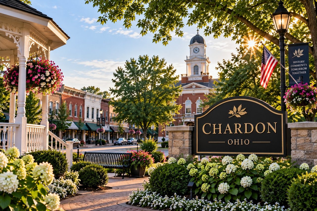 Downtown Chardon, Ohio, with its town sign, flower beds, storefronts, and clock tower.