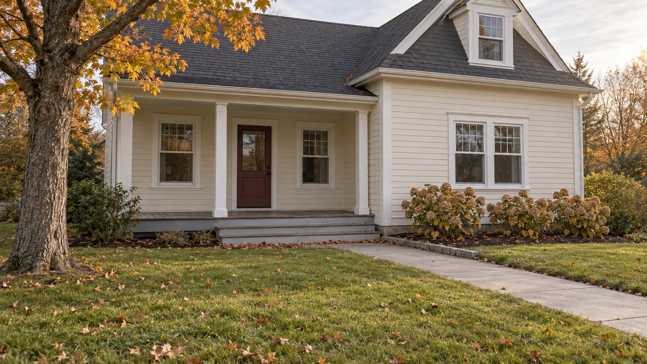 Ivory clapboard house with a covered porch, burgundy door, deep autumn lawn, and amber maple leaves.