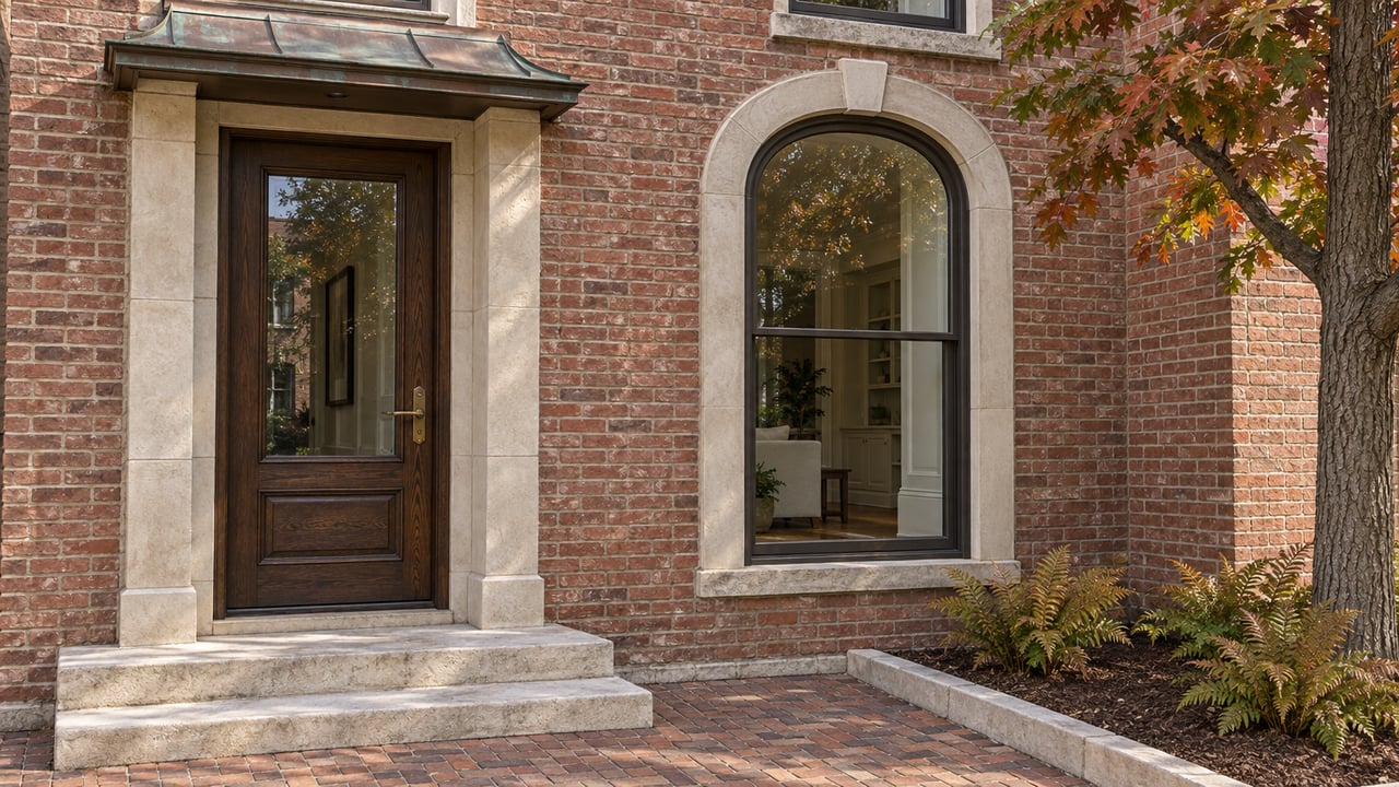 Warm brick residence with an oak entry door, arched window, limestone steps, and a small fern bed beside a mature oak.