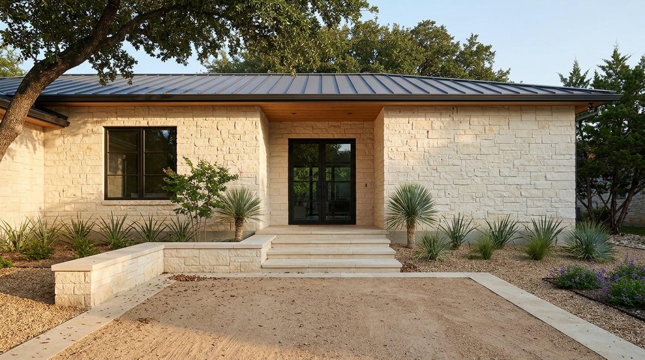 Limestone home entrance with stone steps, yuccas, gravel drive, cedar soffit, and overhanging oak canopy