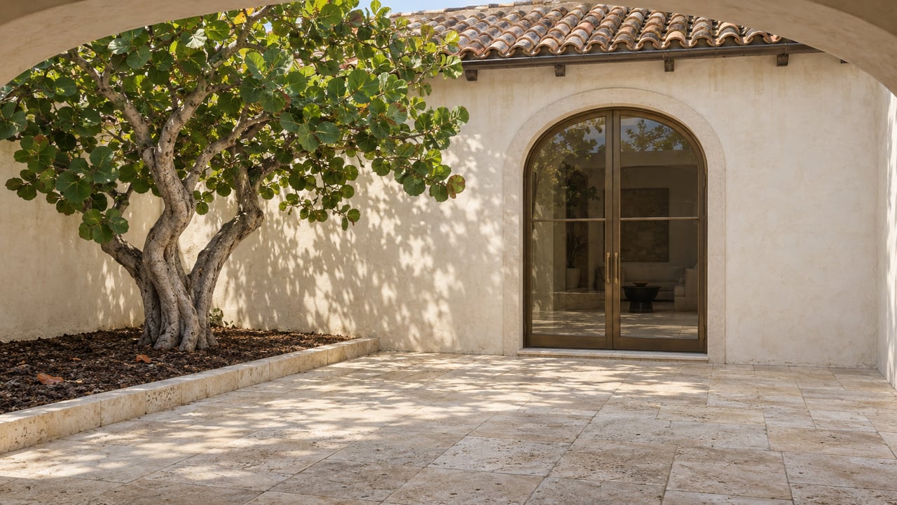 Sunlit ivory-stucco villa courtyard with arched bronze-framed glass doors, pale limestone paving and one sculptural sea grape tree.