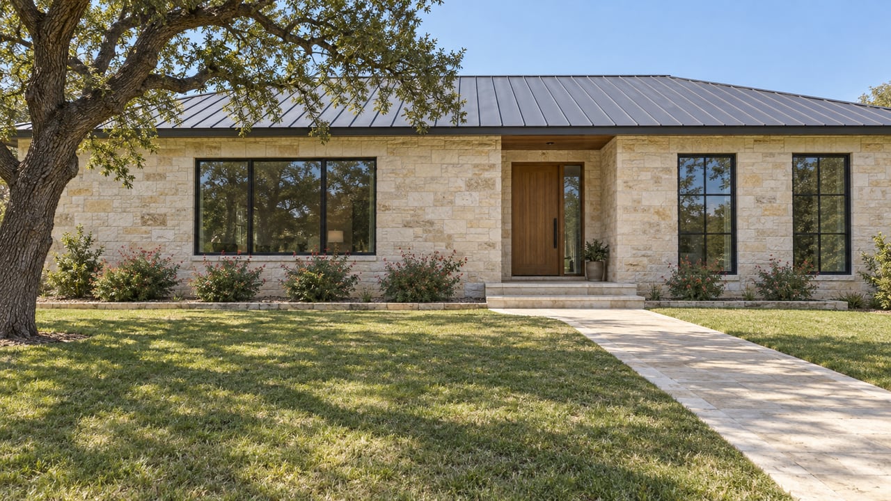 Creamy limestone home with a dark standing-seam roof, black-framed windows, a broad front lawn, and a mature oak beside a stone entry walk.
