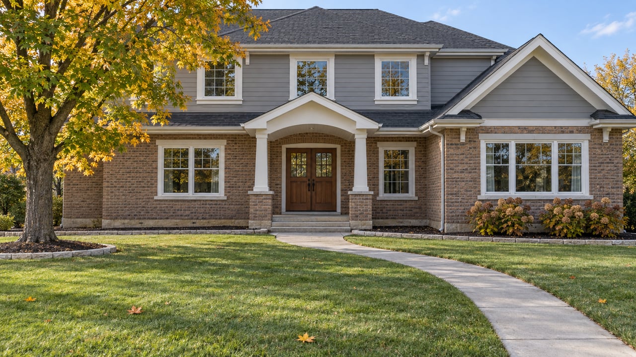 Brick and gray-sided home with a sheltered double-door entry, broad autumn lawn, mature maple, and curved concrete walk.