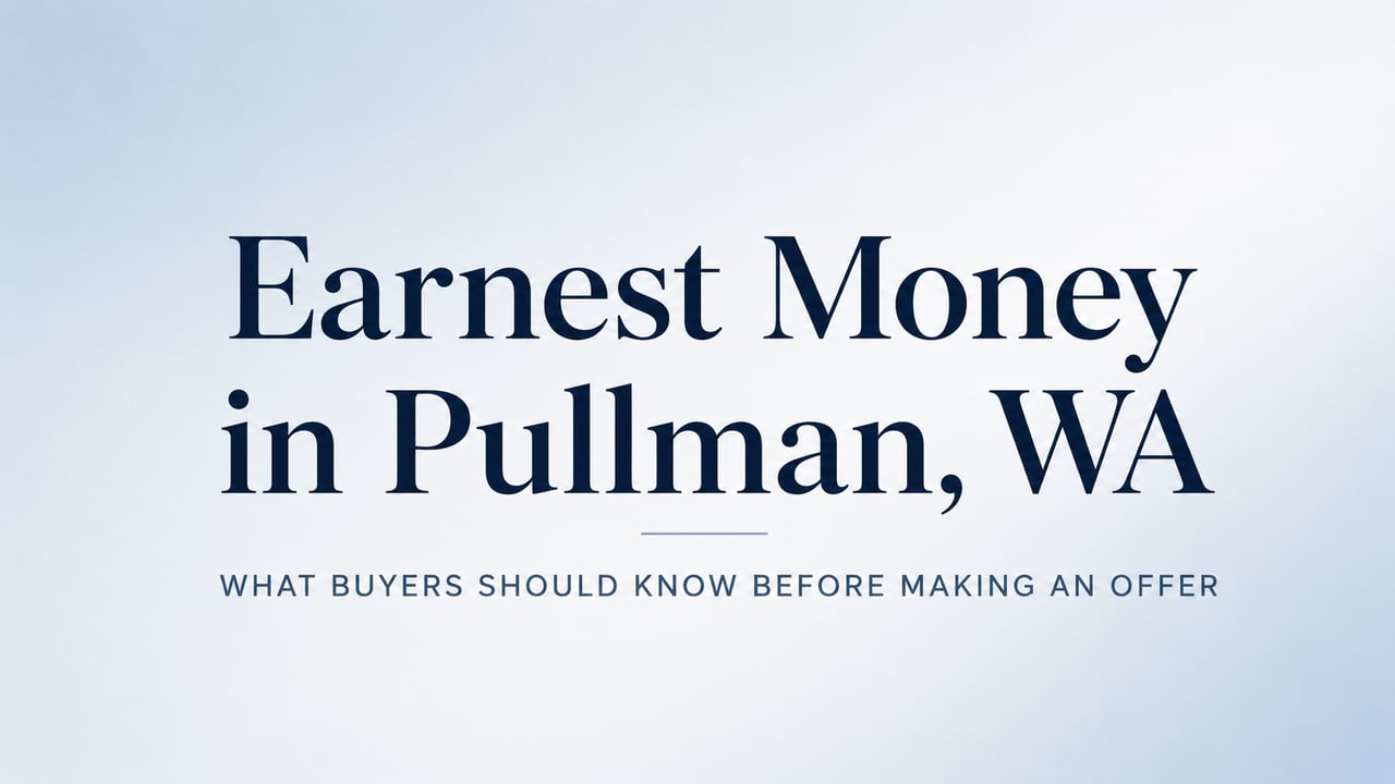 Text graphic reading Earnest Money in Pullman WA with subtitle What Buyers Should Know Before Making an Offer on a clean light blue background