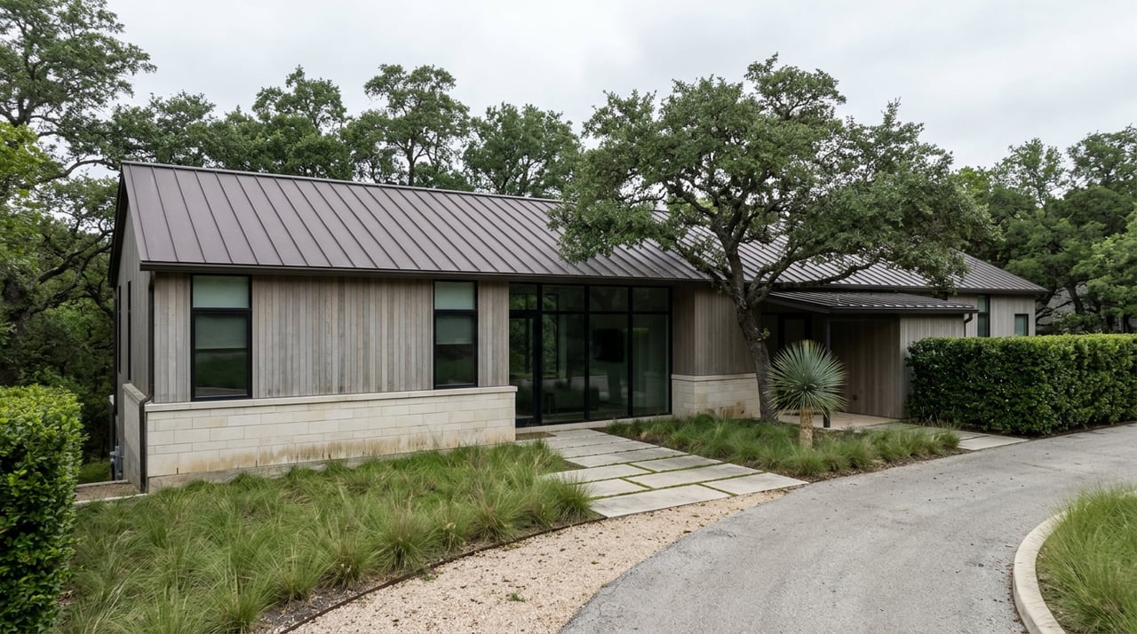 Contemporary home with limestone walls and gray siding beneath a broad oak canopy.
