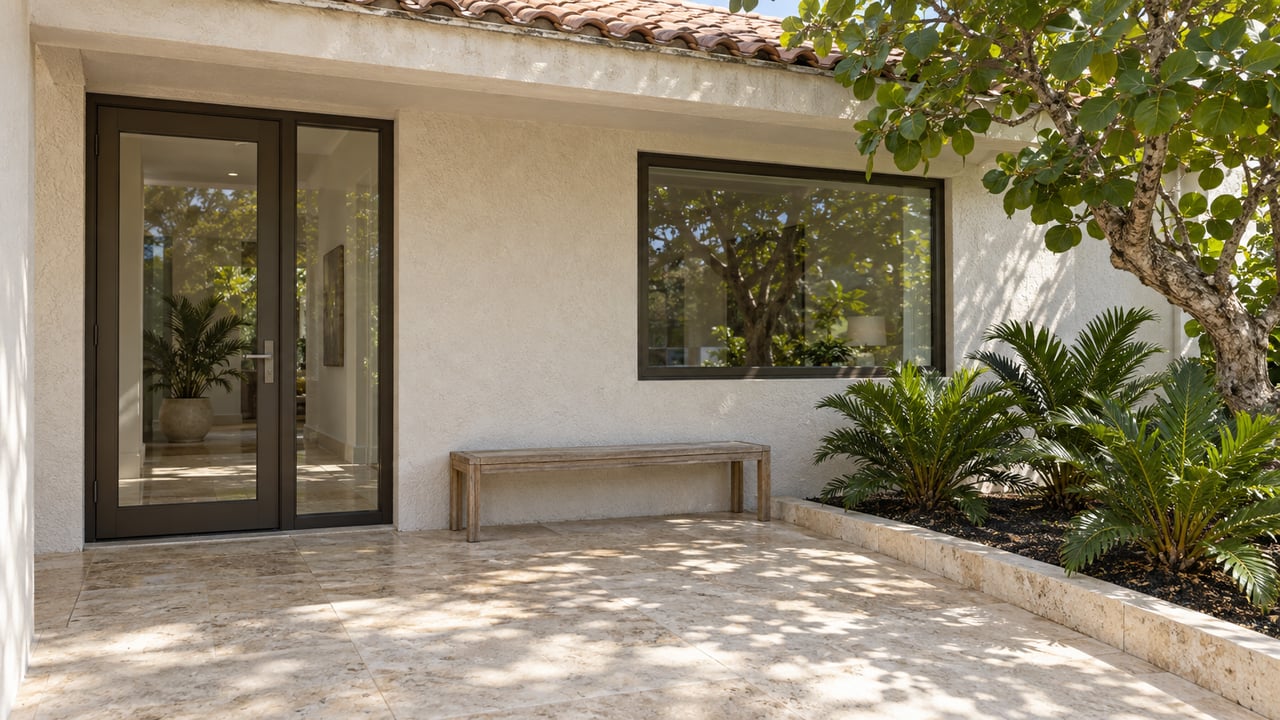Pale stucco home entry with bronze-framed glazing, a weathered teak bench, and limestone paving beside sea grape and coontie planting.
