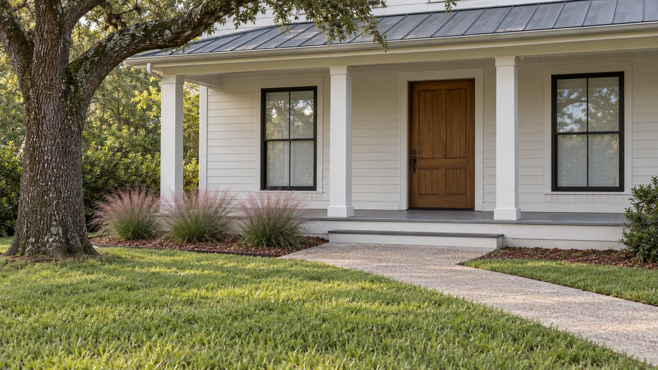 White timber home with a shaded front porch, warm wood entry door and shell-aggregate walk across a deep lawn beneath a spreading live oak.
