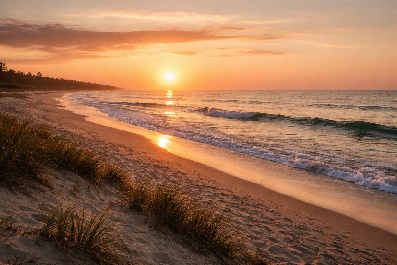 Golden sunset over the ocean with soft waves and open horizon