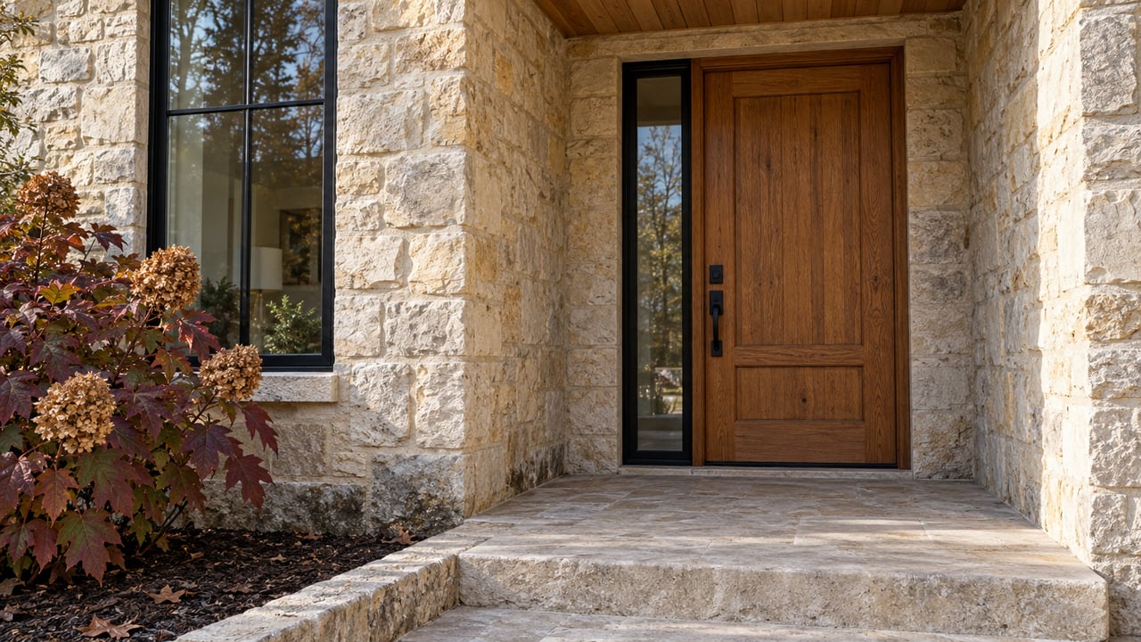 Sunlit limestone entry with a closed oak door, black-framed window and burgundy oakleaf hydrangea beside a raised stone landing.