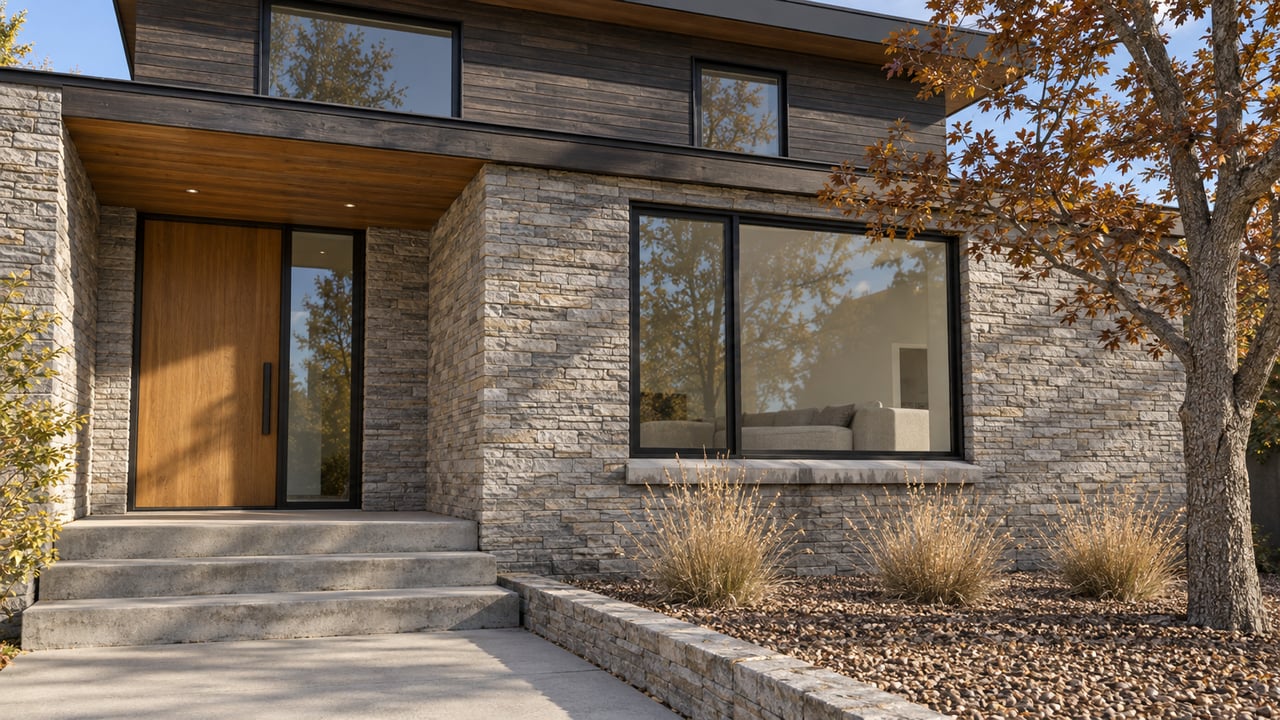 Modern stone and dark-cedar home with a recessed oak entry, broad concrete steps and a russet-leaved oak.