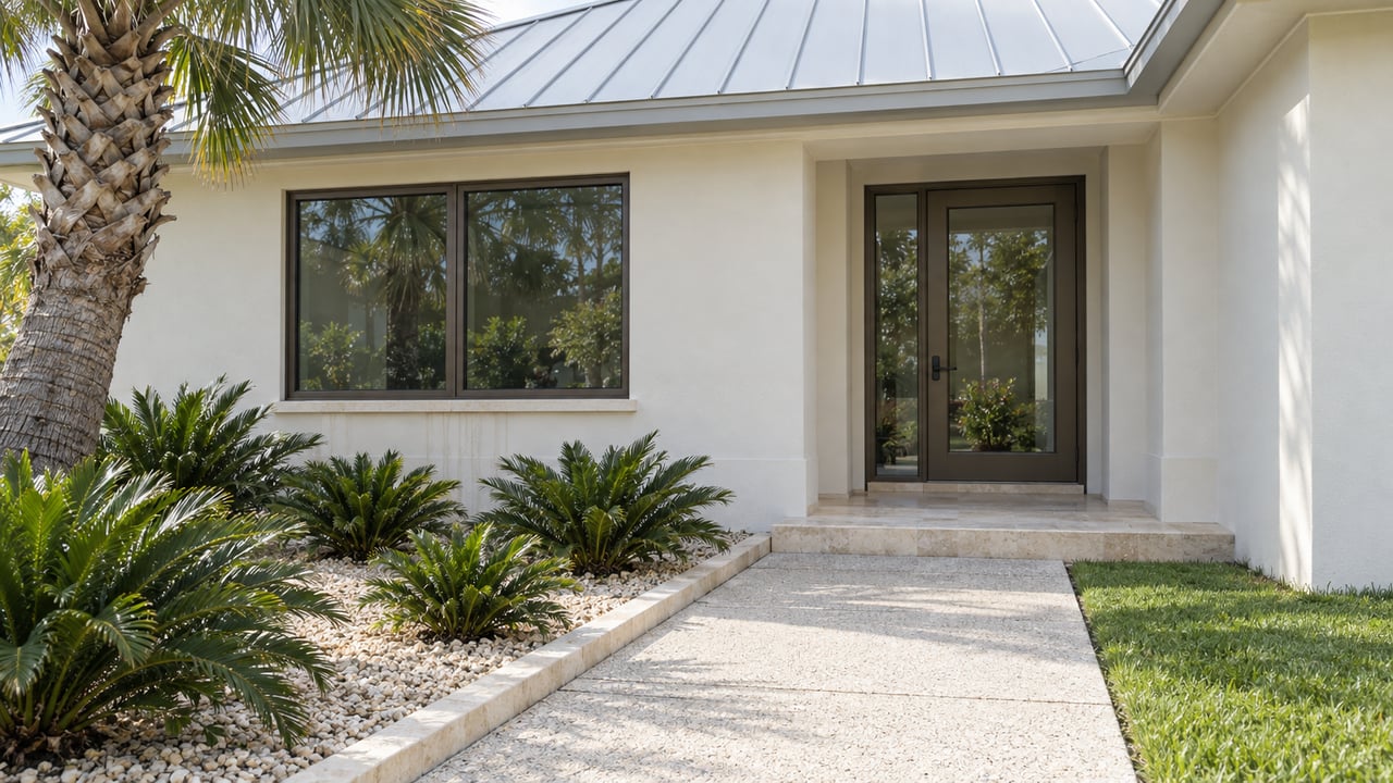 Cream stucco home with a pale metal roof, bronze-framed glass entry, limestone porch and shell-aggregate garden approach beside a curved palm.