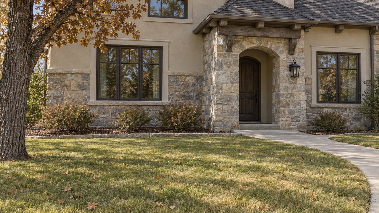 Stone and stucco home with an arched oak entry, autumn oak tree and a broad lawn showing seasonal color variation.