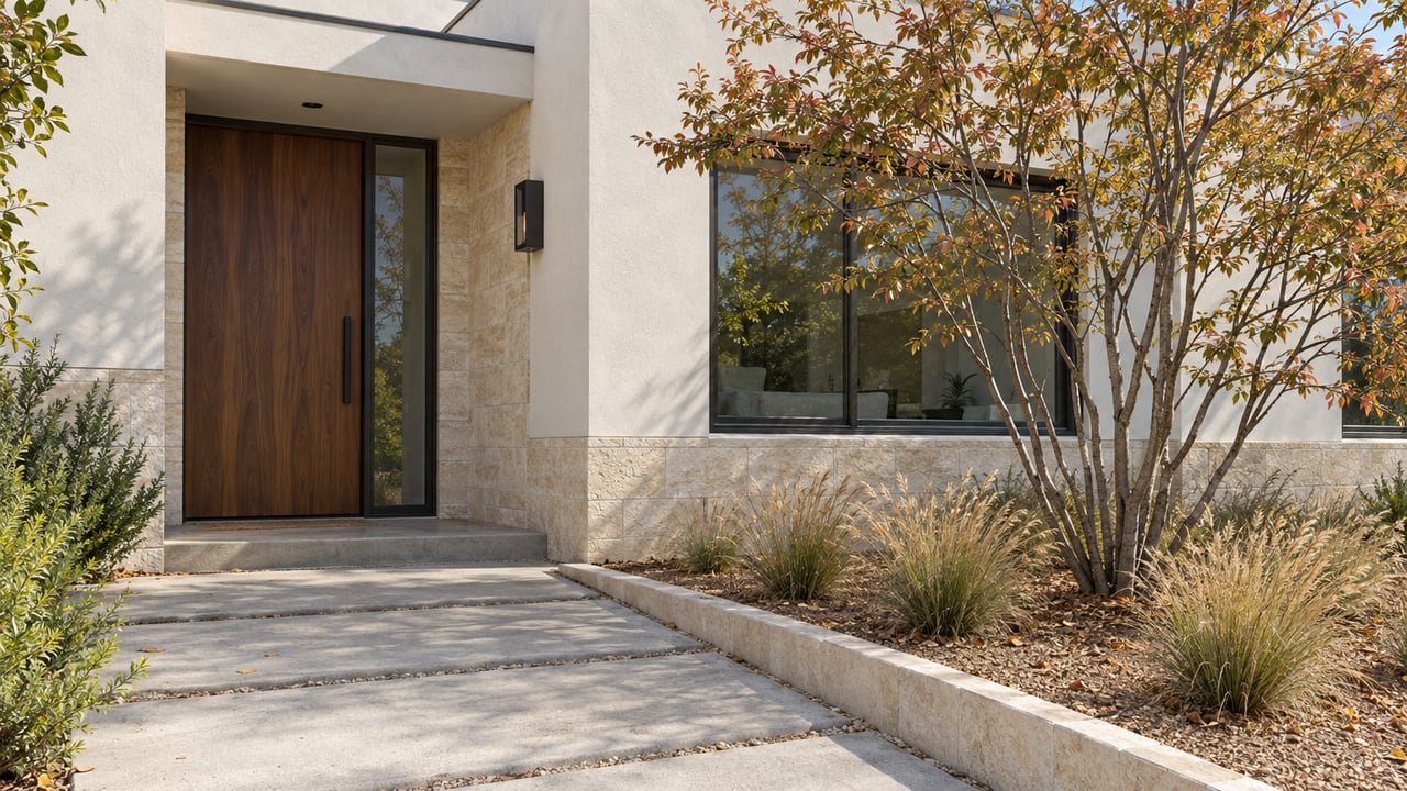 Modern stucco home entry with walnut-toned door, concrete approach slabs, and a small bed of grasses and russet-leaved tree.