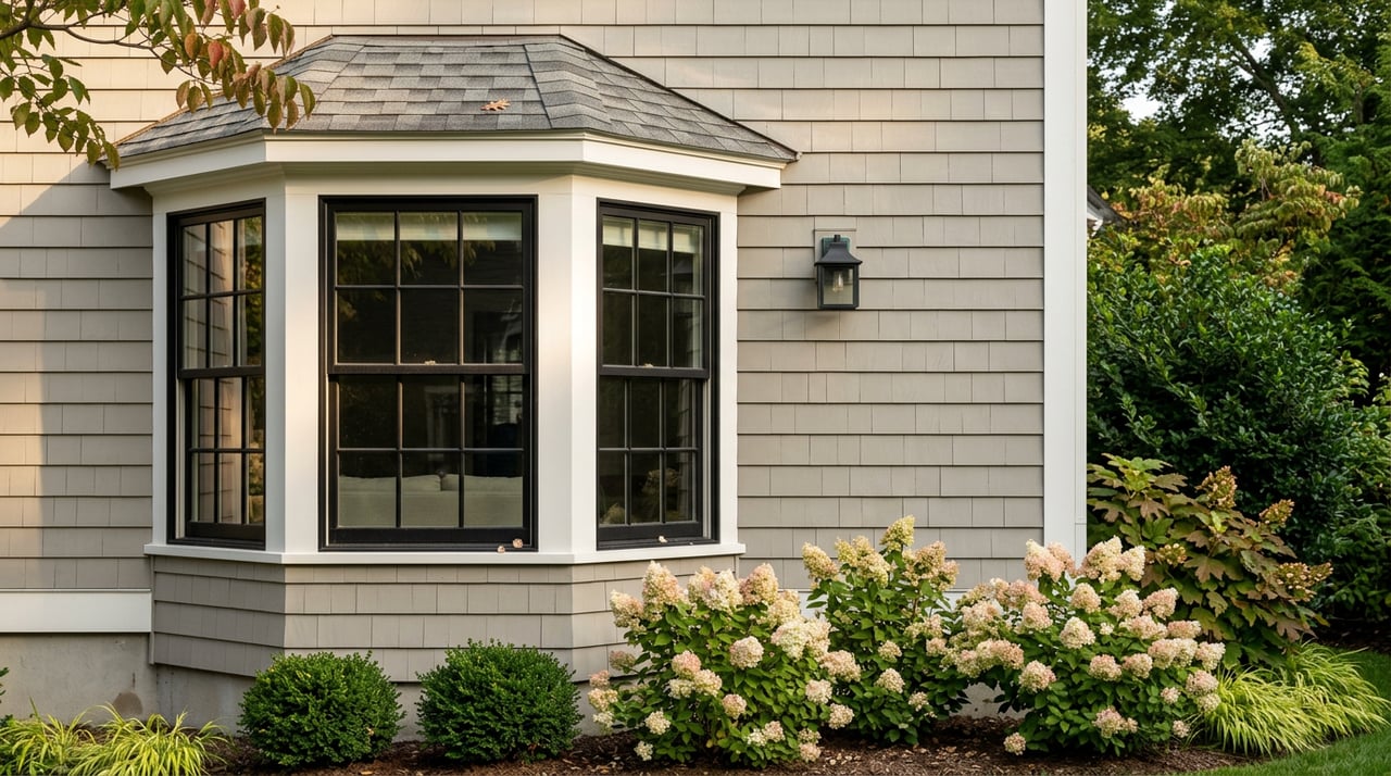 Shingled house bay window above pale pinking hydrangeas, with a black lantern and dense shrubs.