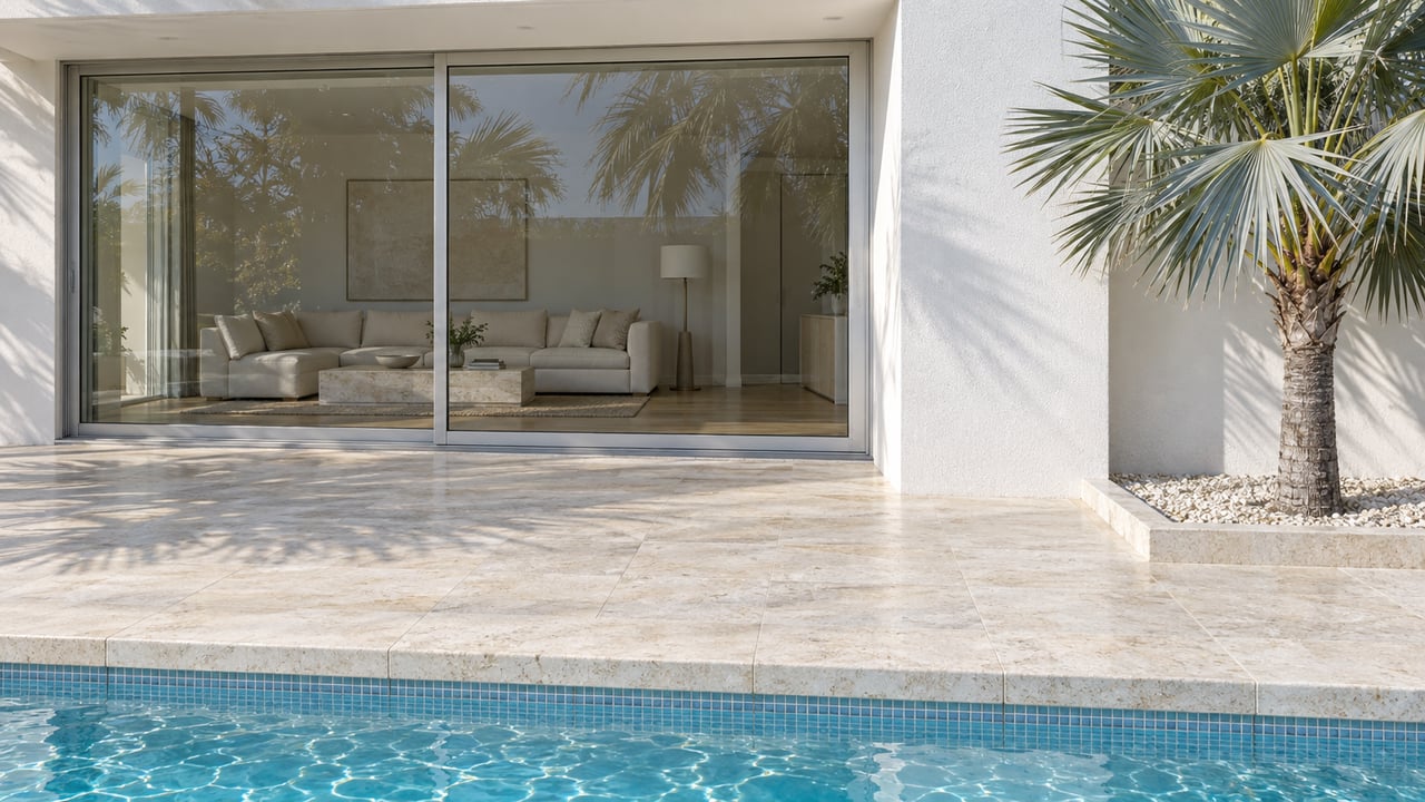 White stucco home with closed glass doors, a limestone terrace, silver palm and a turquoise pool edge.