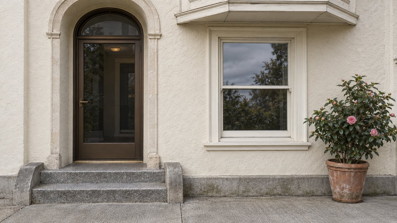 Close view of an ivory stucco home with an arched bronze-framed entrance, a timber sash window, worn gray entry steps and a potted camellia.