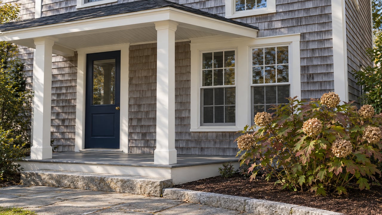 Weathered cedar-shingle house with ivory porch posts, tall sash windows, a navy entry door and autumn oakleaf hydrangea beside a bluestone approach.