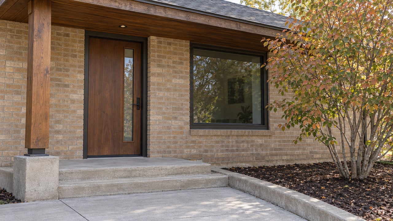 Buff-brick home entrance with a walnut door, timber porch support, broad concrete steps, and a serviceberry turning copper.