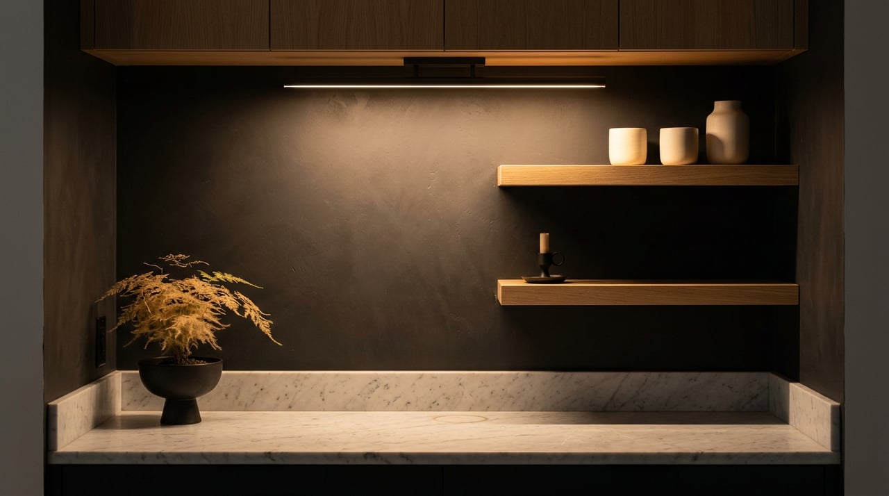 Built-in bar niche with oak shelves, ceramic vessels, feathery plant, warm light, and marble counter.