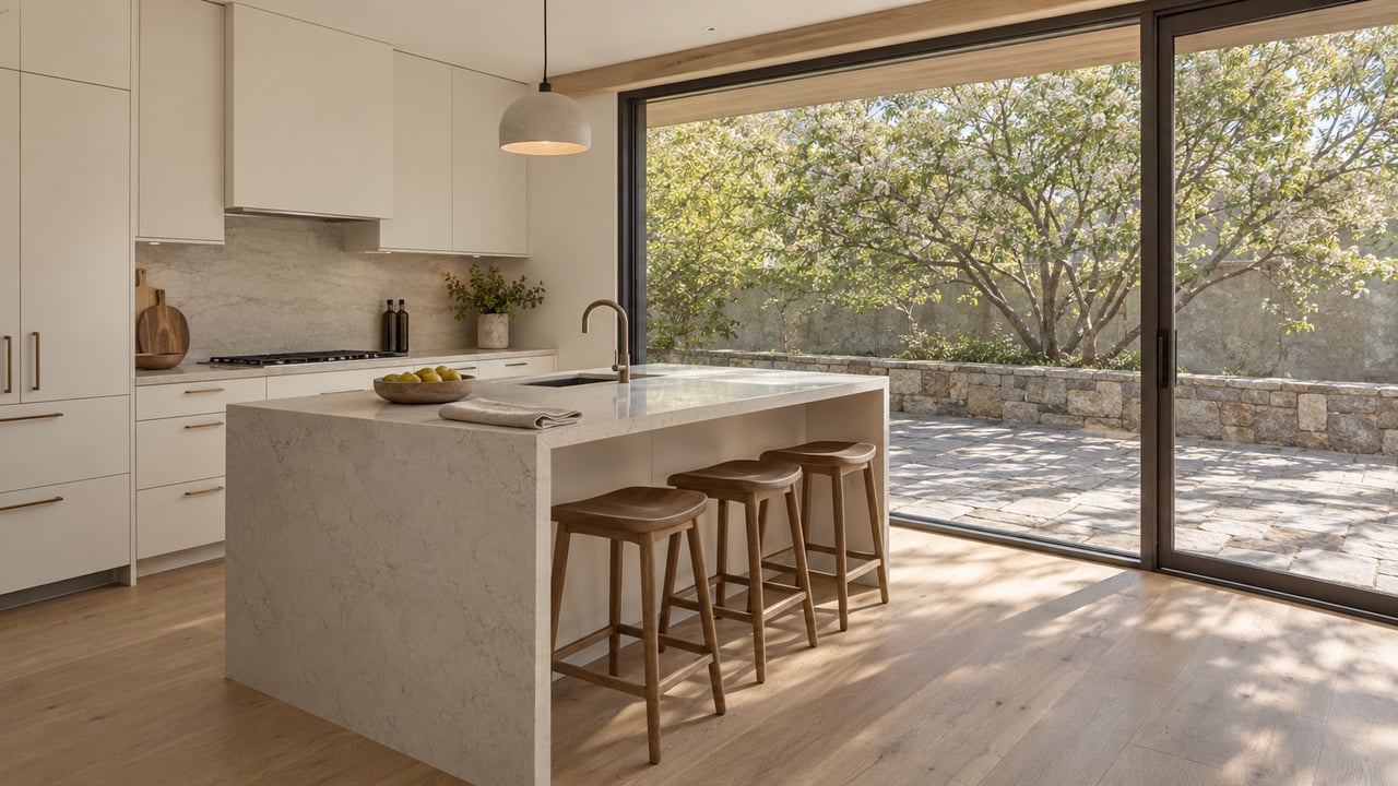 Bright kitchen with pale oak floors, a quartz island, and glass doors opening onto a stone terrace with a flowering tree.