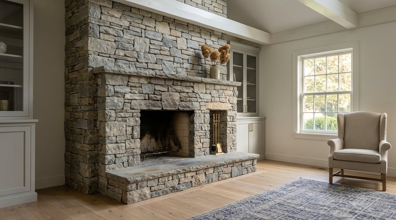 Full-height stacked-stone chimney and raised hearth beside a gray built-in cabinet and multi-pane window.