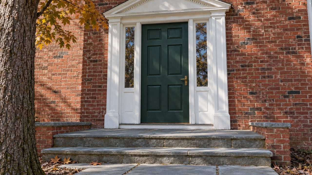 Red-brick home entry with a deep green door, matching sidelights, white-painted pediment, and weathered bluestone steps beneath amber maple branches.
