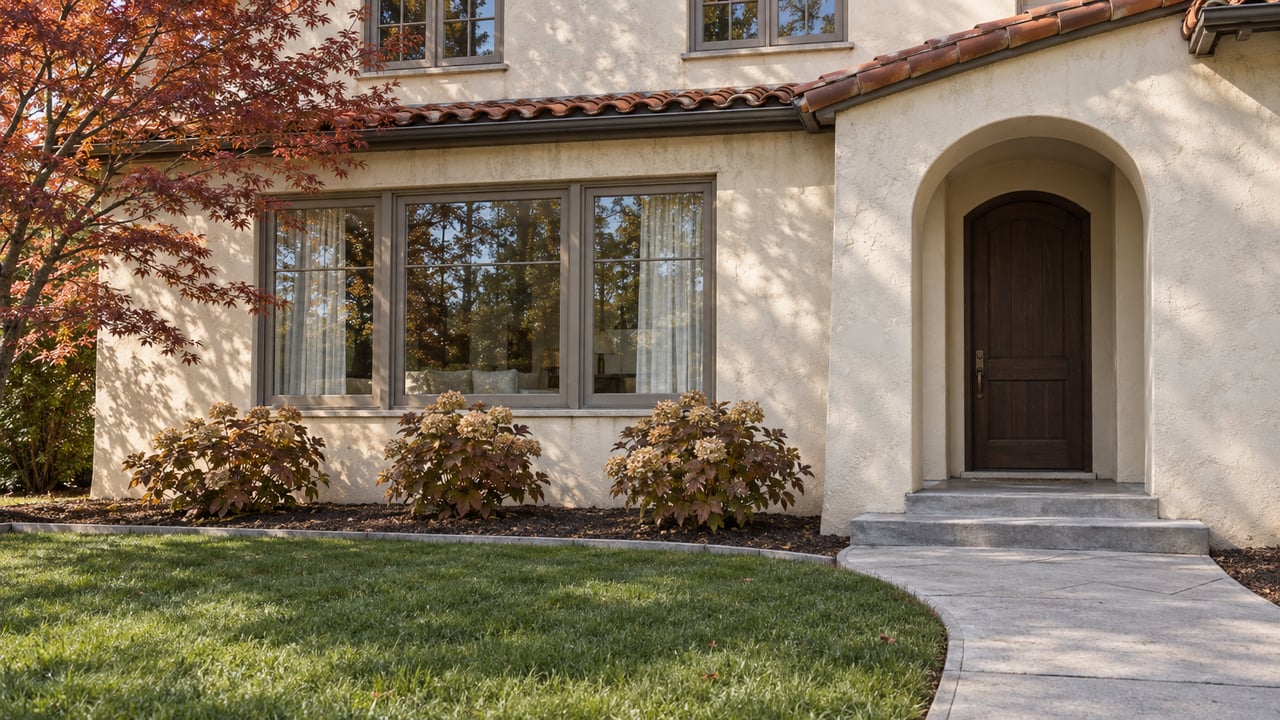 Sunlit ivory stucco home with a recessed arched oak entry, wood-framed windows, clay roof tiles and an autumn maple beside a curved garden walk.