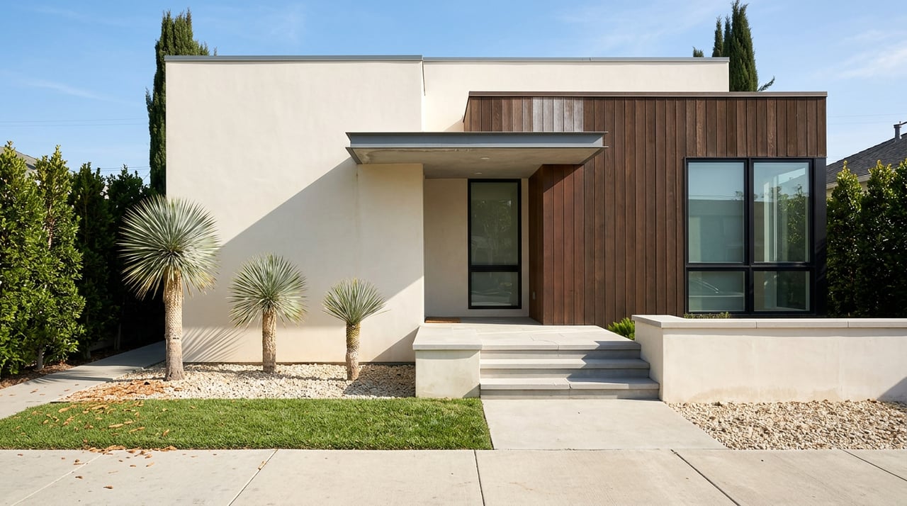 Modern home with warm-white stucco, walnut-stained wood cladding, limestone steps, and silvery yuccas.