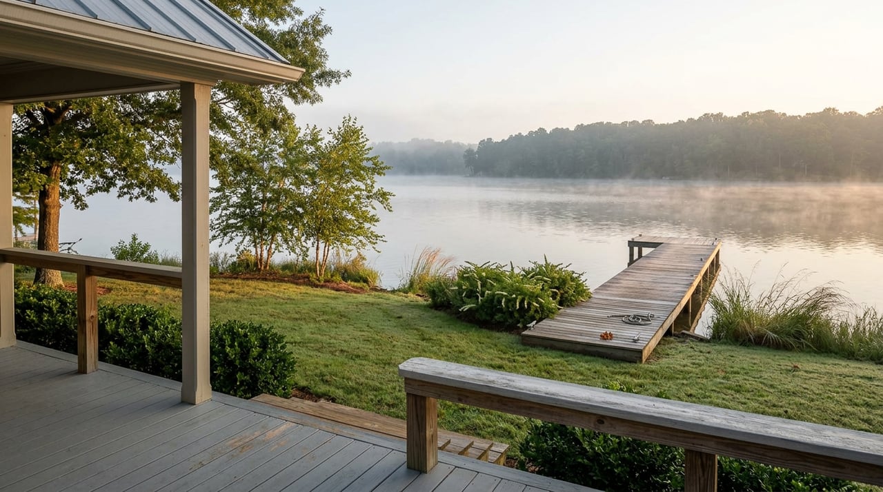 Lakeside porch overlooks a diagonal wooden dock, dew-covered lawn, and misty water backed by a wooded shore.