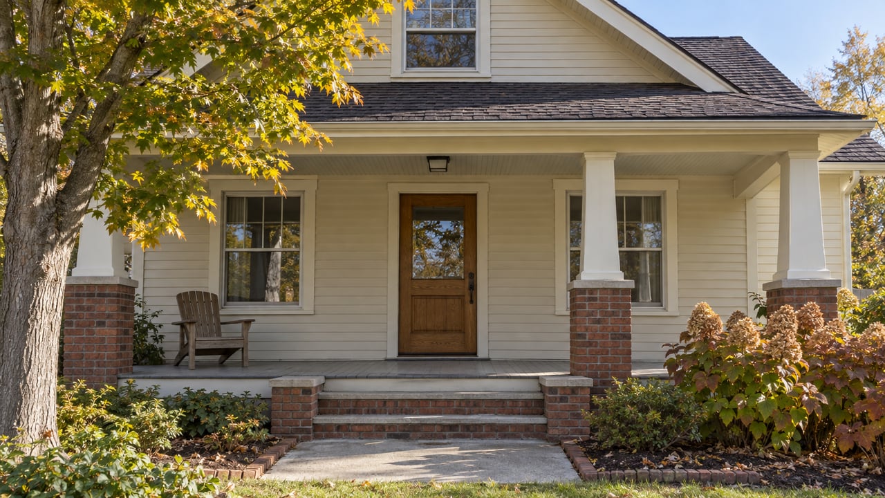 Cream clapboard home with a brick-pier porch, oak front door, and autumn leaves in a small front garden.