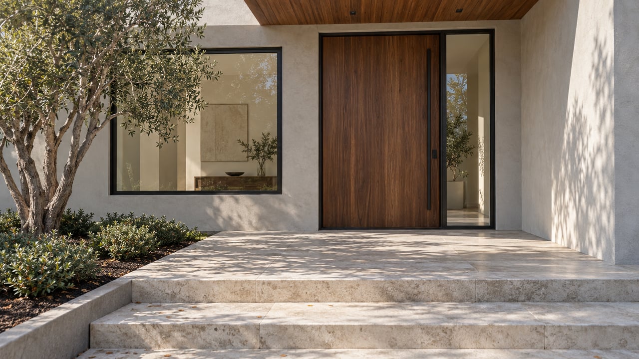 Walnut pivot door in a stucco entry, flanked by a narrow sidelight and black-framed window above limestone steps.