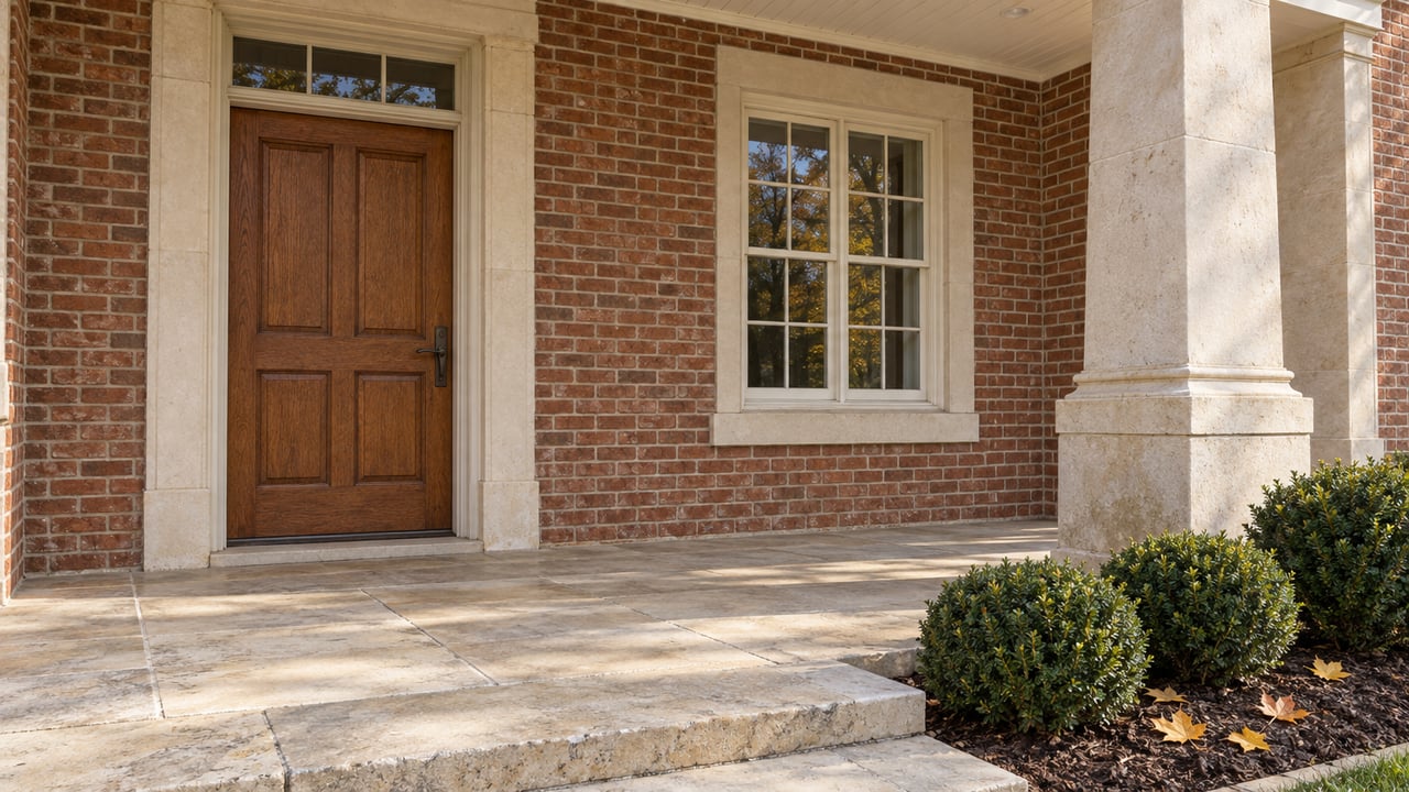 A recessed oak front door and divided-pane window framed by brick and limestone, with a broad stone terrace and three yew shrubs.