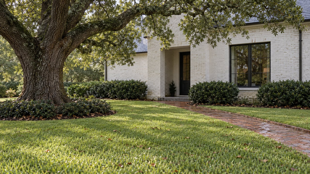 Residential front garden with broad lawn, brick path, mature oak, and white brick house.