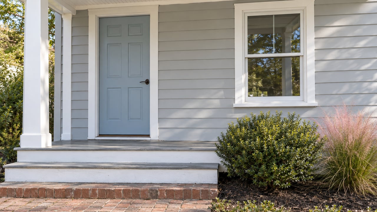 Pale-gray cottage with a closed blue door, white-trimmed window, painted steps, and a brick-edged planting bed.