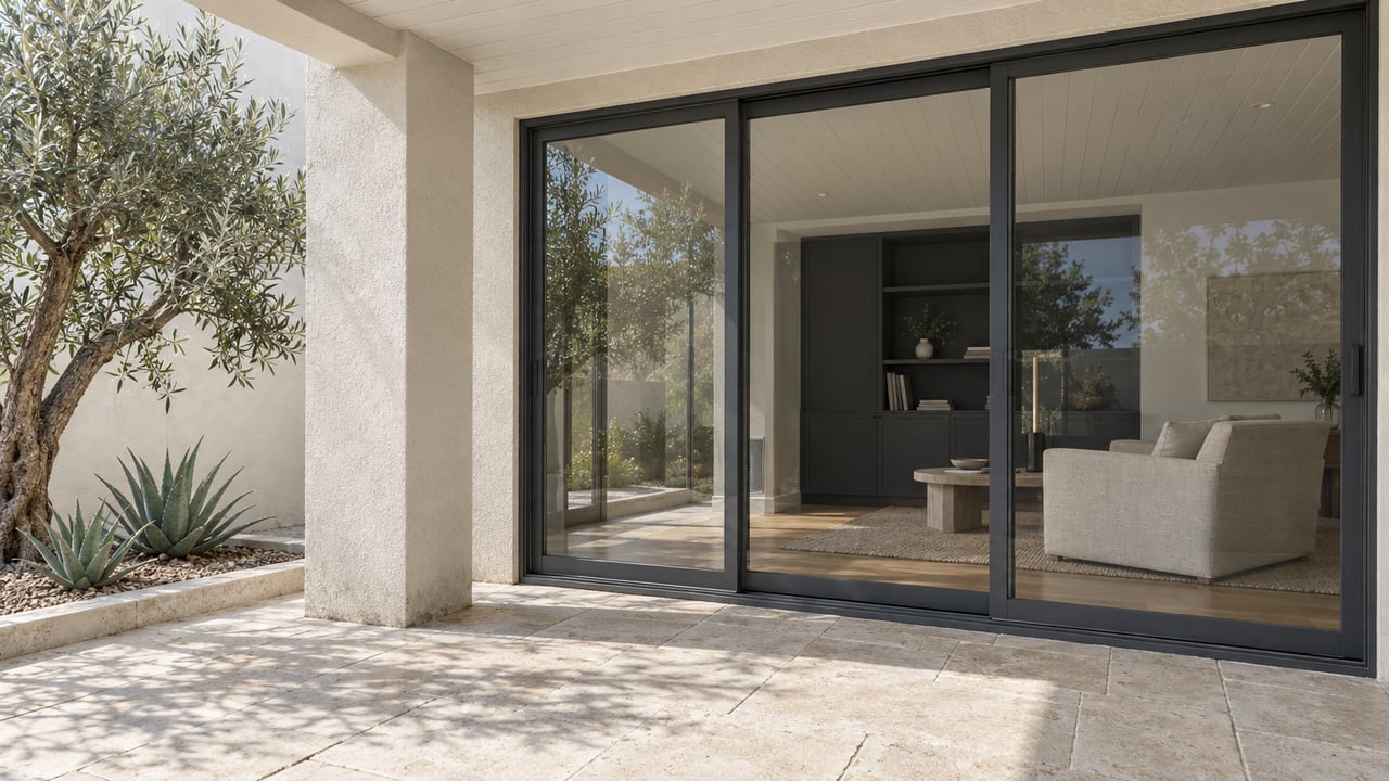 Sunlit limestone patio with a white square column, closed charcoal-framed glass doors and a sculptural olive tree beside an updated home.