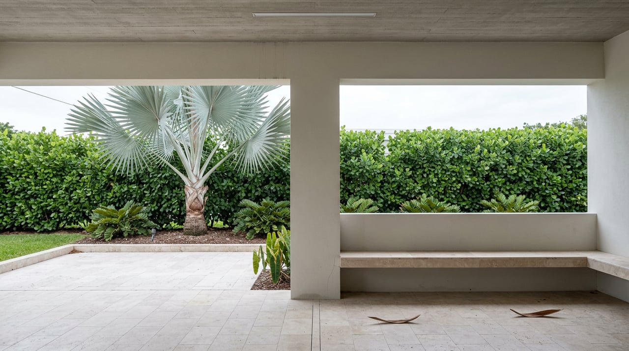 Stucco loggia with travertine bench and floor opens to a garden with a silver-blue fan palm and clipped hedge.