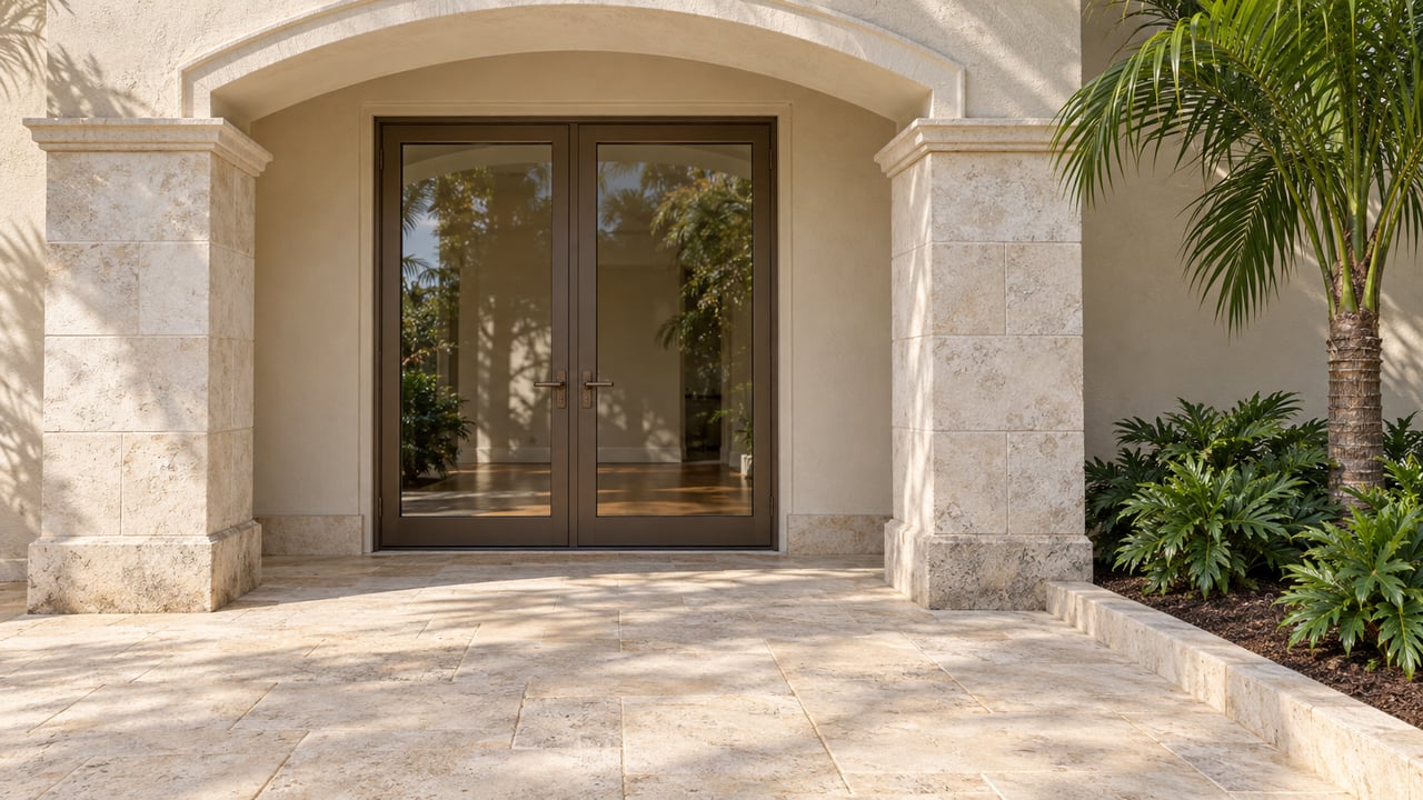 Sunlit pale-stone terrace with a broad stucco arch, bronze-framed glass doors and a specimen palm beside a raised planting bed.