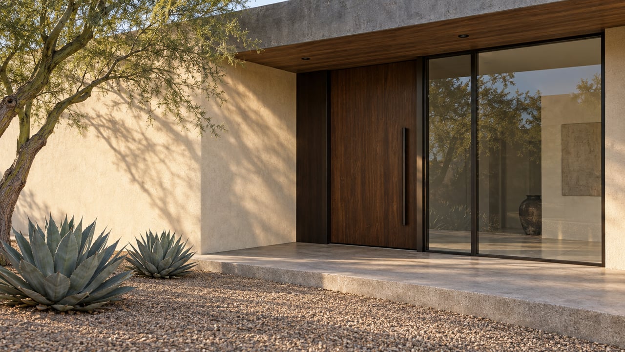 Recessed walnut entry door beside a steel-framed glass panel, gravel court, and two agaves.