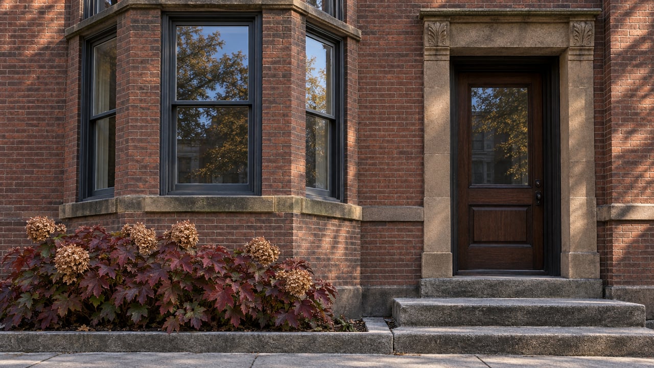 Red-brown brick residence with a projecting bay, recessed oak entry, worn granite steps, and burgundy oakleaf hydrangea.