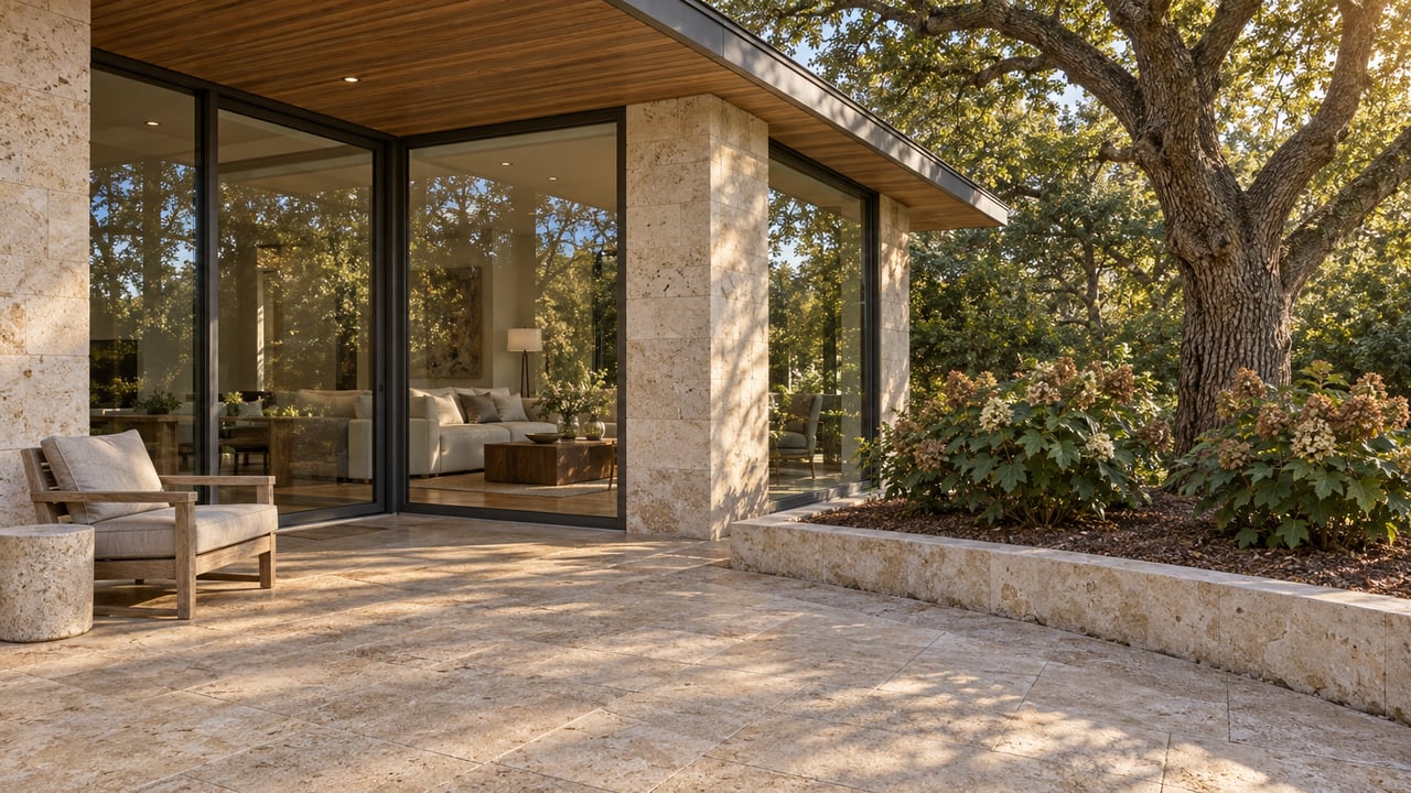 Limestone and glass home opening onto a stone terrace beside a mature live oak and oakleaf hydrangeas.