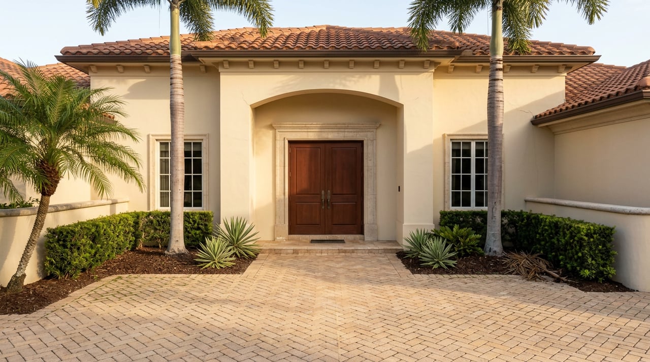 Mediterranean estate facade with arched entry, mahogany-toned doors, terracotta roof, and palms flanking a paved motor court.