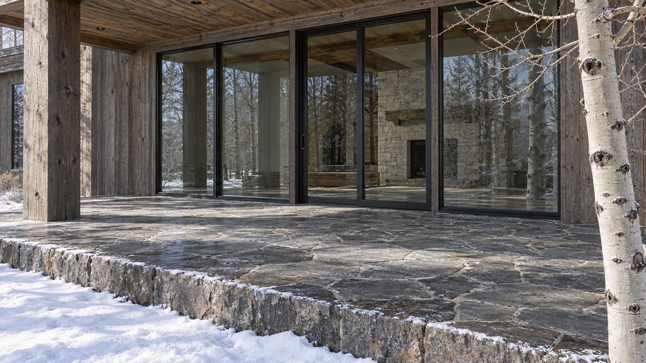 Winter daylight on a weathered timber home’s glazed rear wall and raised stone terrace beside a bare aspen.