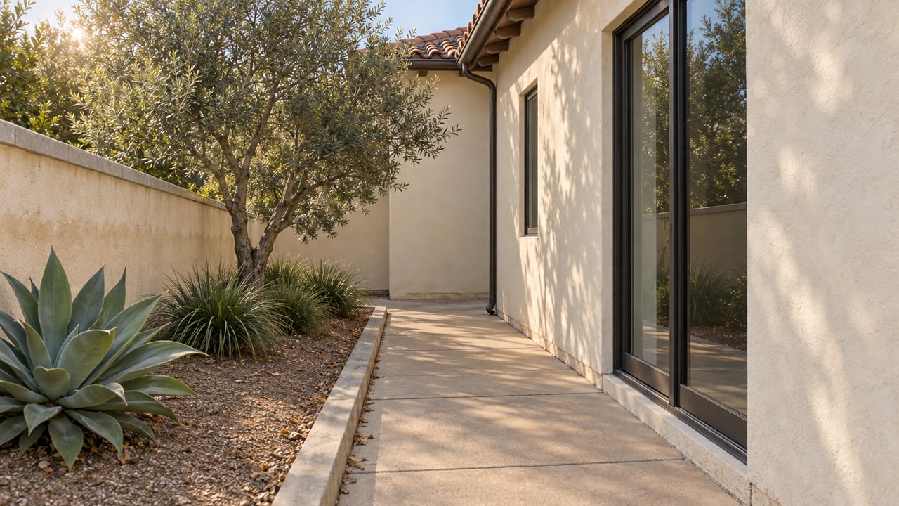 Narrow side garden between a cream stucco house and low wall, with an olive tree, agave, and curved path.