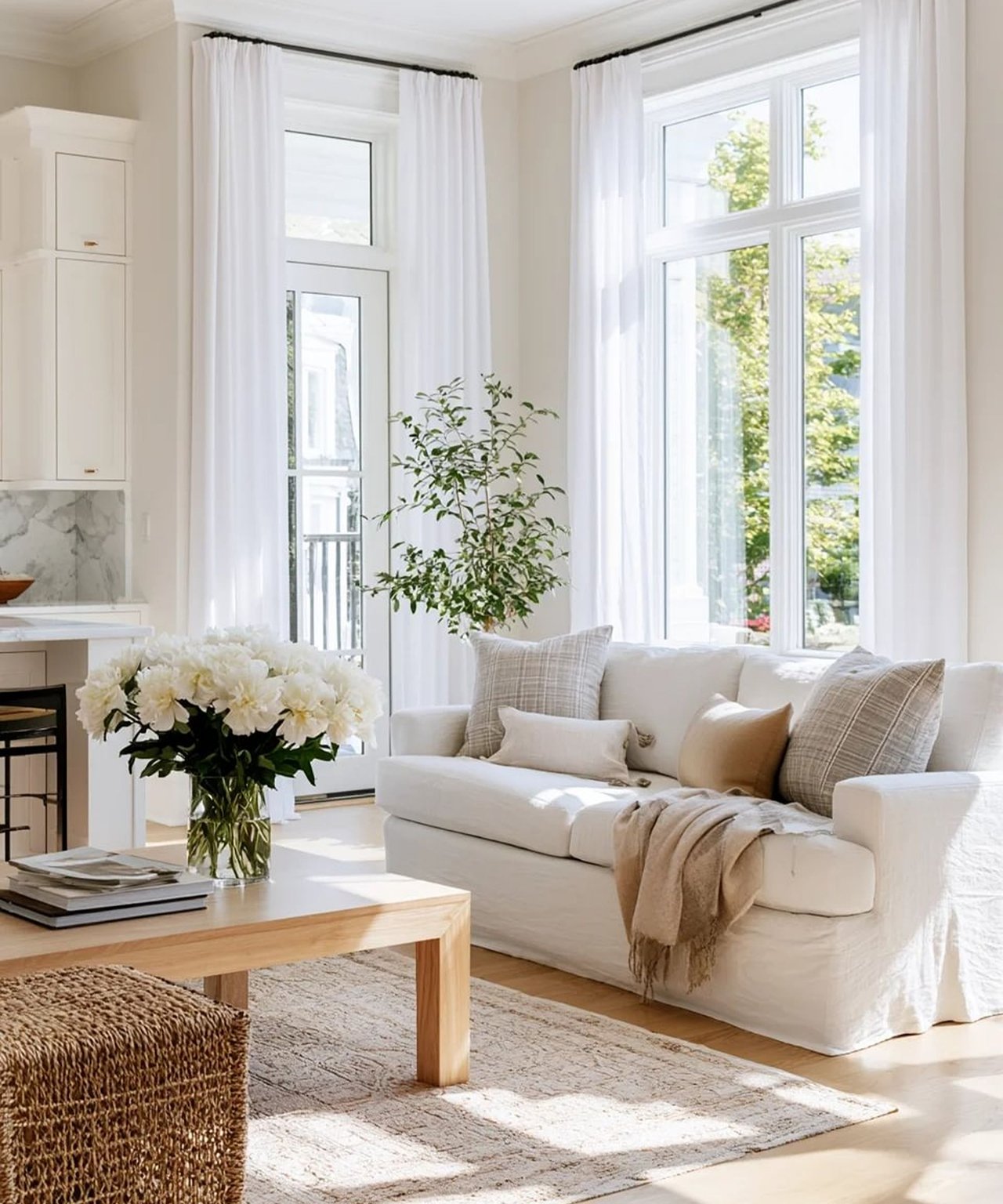 Bright living room with a white sofa, tall curtained windows, and flowers on a wood coffee table.