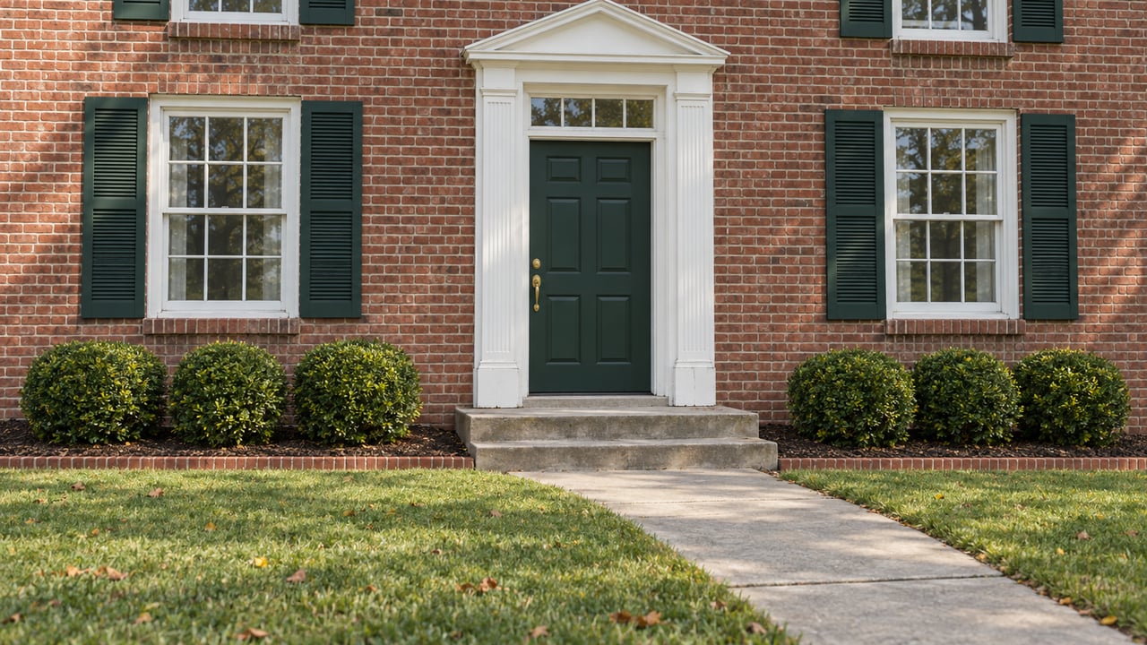 Red-brick home with a green front door, white-trimmed windows, worn concrete steps and a lawn bordered by clipped boxwood.